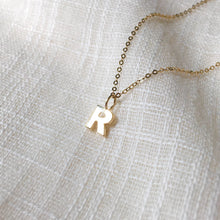 Load image into Gallery viewer, Dainty Letter R Pendant Charm Necklace in Solid 14k Gold
