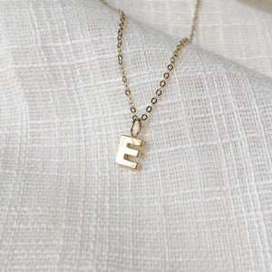 Tiny Initial E Pendant Charm Necklace in Solid 14k Gold