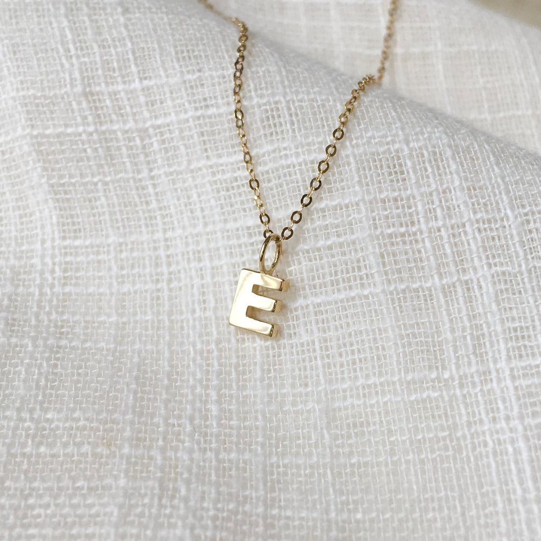 Tiny Initial E Pendant Charm Necklace in Solid 14k Gold