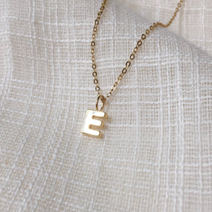 Tiny Initial E Pendant Charm Necklace in Solid 14k Gold