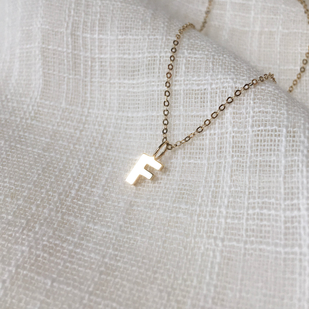 Tiny Initial F Pendant Charm Necklace in Solid 14k Gold
