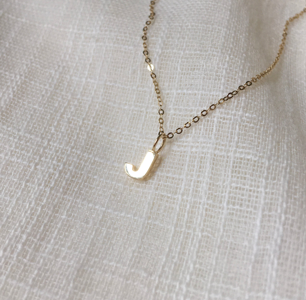 Tiny Initial J Pendant Charm Necklace in Solid 14k Gold