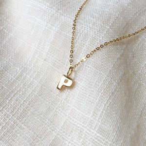 Tiny Initial P Pendant Charm Necklace in Solid 14k Gold