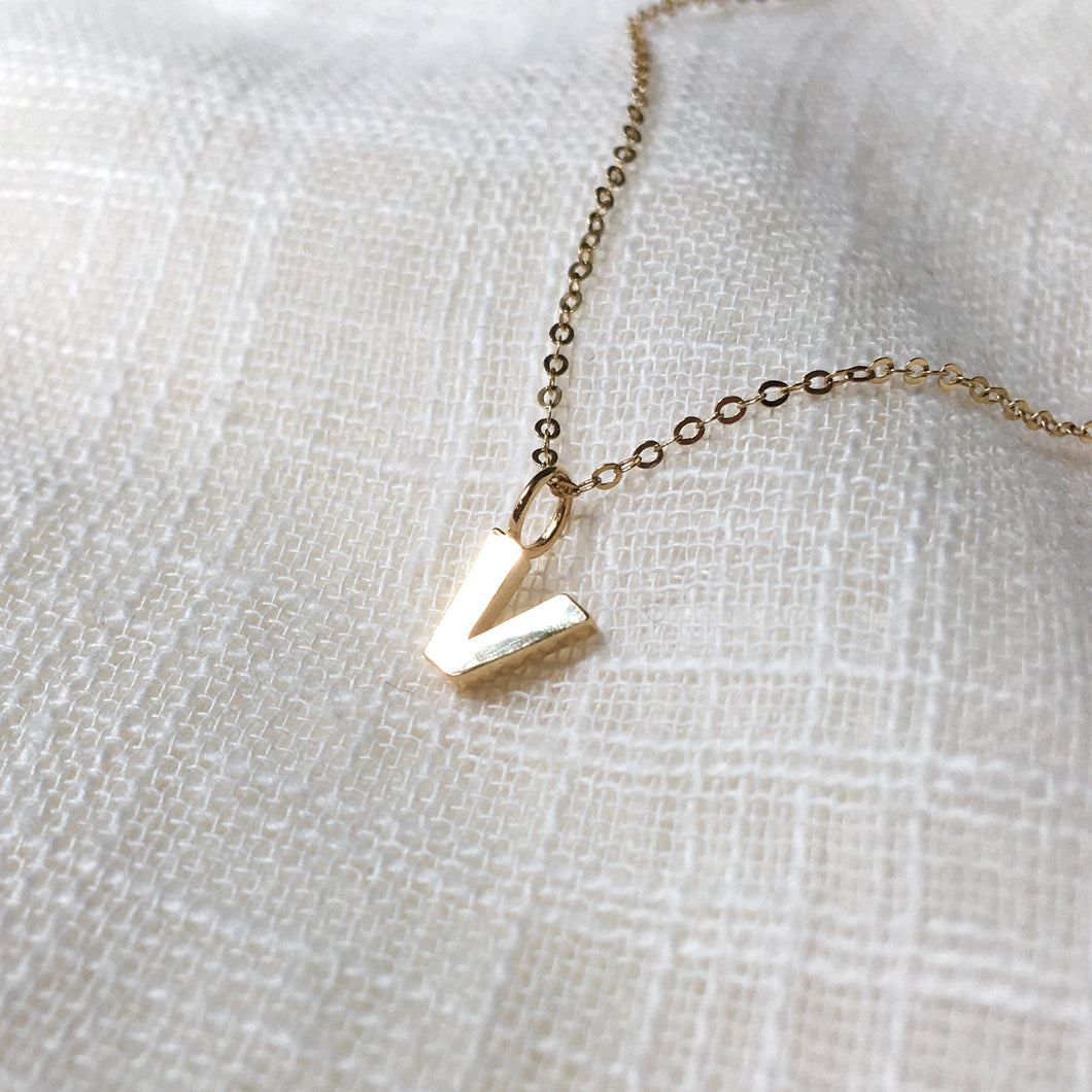 Tiny Letter V Pendant Charm Necklace in Solid 14k Gold