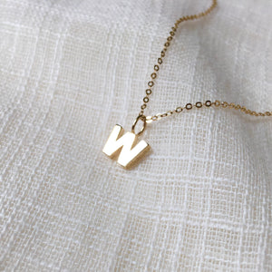 Tiny Initial W Pendant Charm Necklace in Solid 14k Gold