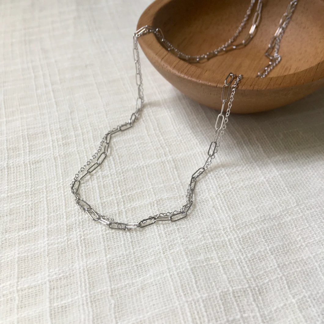 Minimal + Modern Dual Paperclip Chain Necklace in 14k White Gold