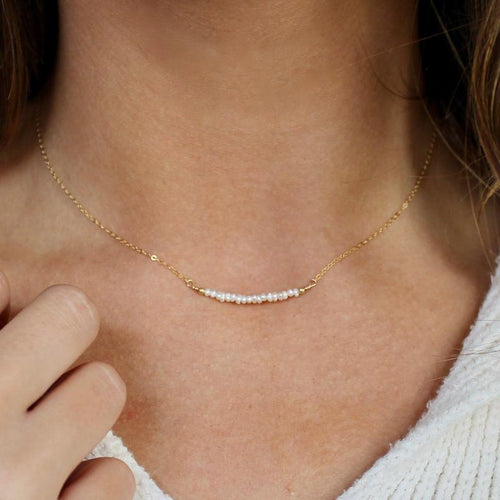 Dainty gold pearl bar necklace