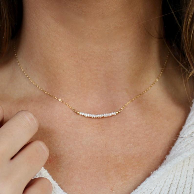 Dainty gold pearl bar necklace