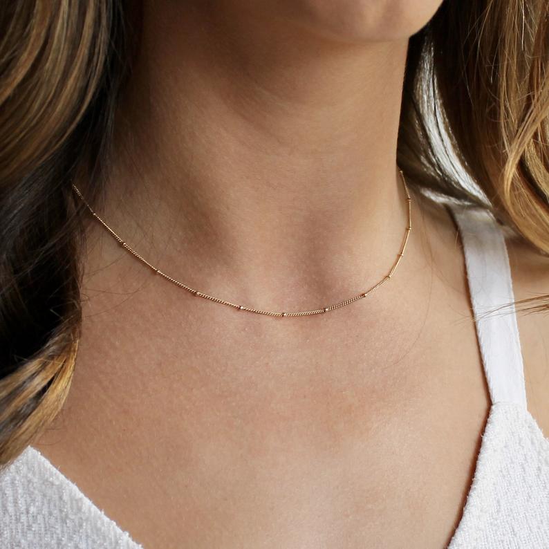Tiny Gold Bead Chain Necklace in Solid 14k Gold