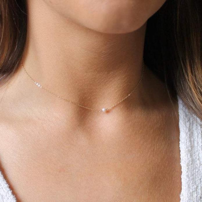 simple tiny pearl necklace in 14k gold