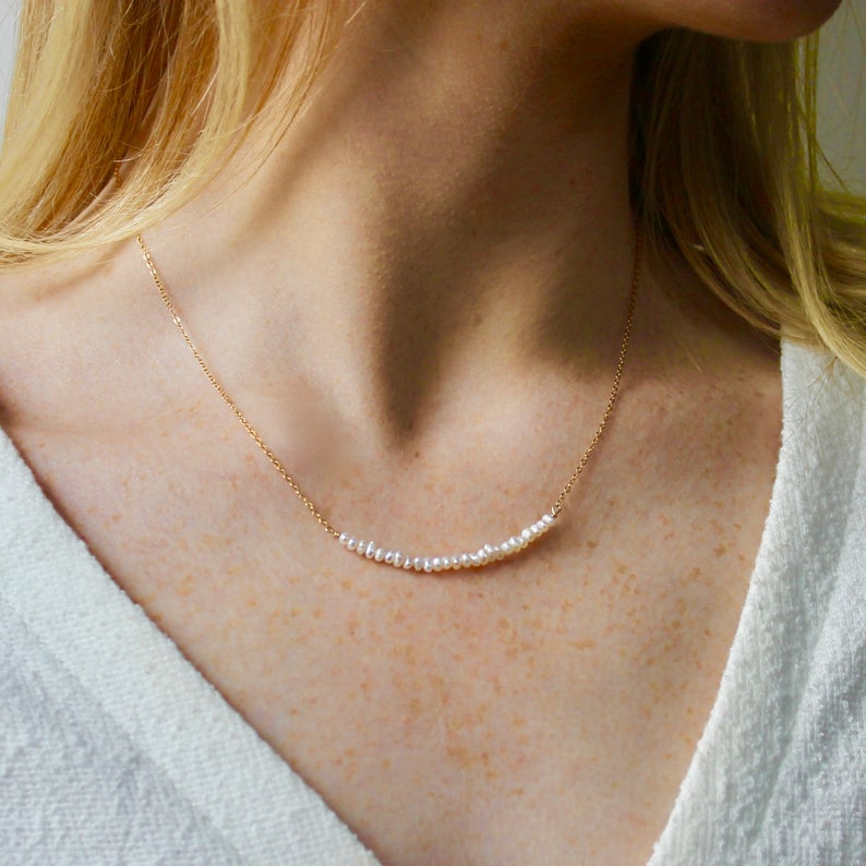 Simple pearl bar necklace in 14k gold