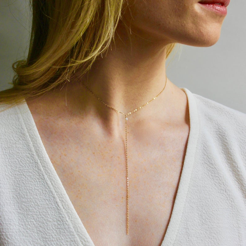 Simple 14k gold and pearl lariat necklace