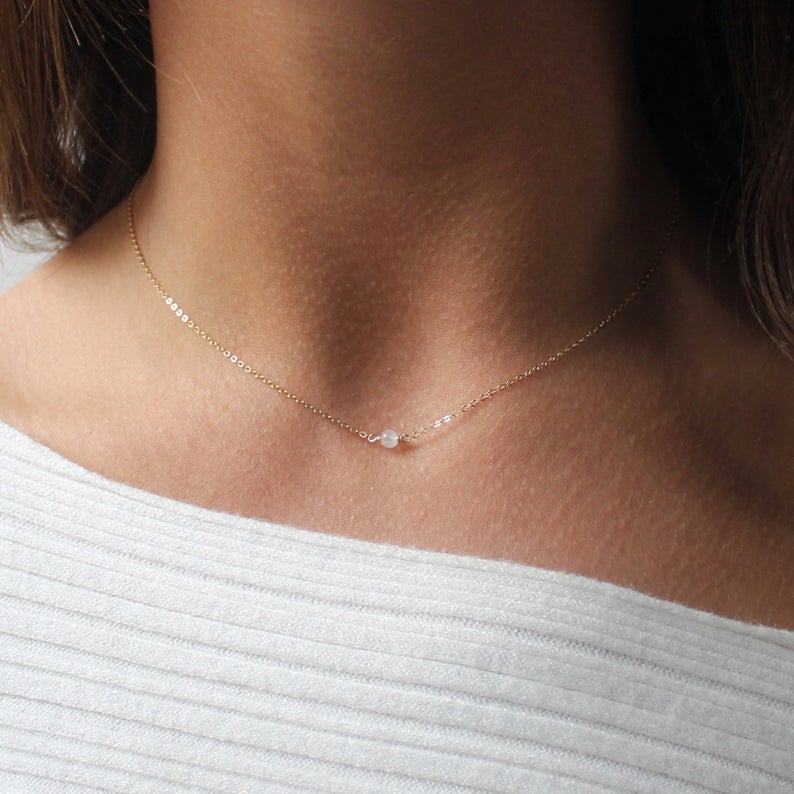 Tiny moonstone necklace in 14k gold