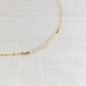 Tiny pearl bar necklace in solid 14k gold