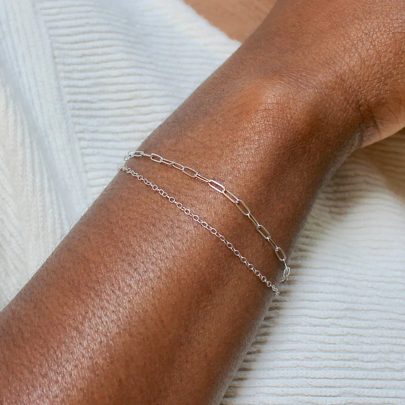 Layered Dainty Paperclip Chain Bracelet in 14k White Gold